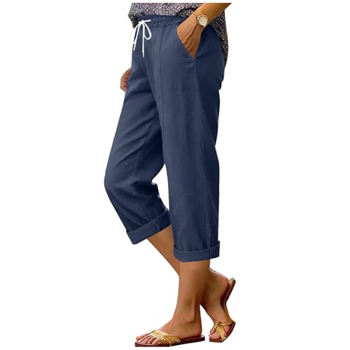 symoid Womens Cotton Linen Pants High Waist Drawstring Pant Wide Leg Trousers Casual Summer Capris Fashion Spring Outfits Linen Pants for Ladies Navy L