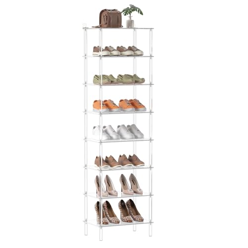 Aquiver Acrylic 8 Tiers Tall Shoe Rack - Shoe Organizer for Entryway - Narrow Shoe Storage Shelf Clear Shoes Rack for Closet, Store 16-20 Pairs of Shoes, 18.1'' L x 11.8'' W x 61'' H, Easily Clean