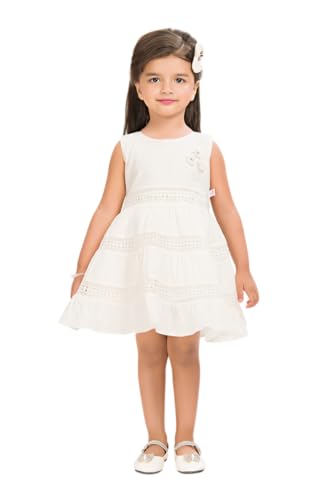 Image of Soft Cotton Lace Work Knee Length Fit & Flare Dress for Kids & Girls, Flower Embellished Frock for Casual & Special Occasion