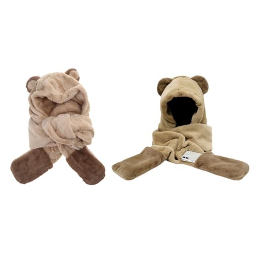 Conjunto de invierno infantil y mujer gorro bufanda guantes oso peluche dibujos animados suave 3