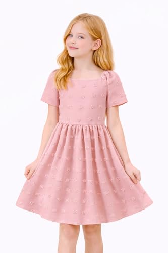Image of HILEELANG Girls Summer Dress Bow Tie Back A-Line Party Dress for Little Big Girls Short Sleeve Dress with Lining 6-12 Years
