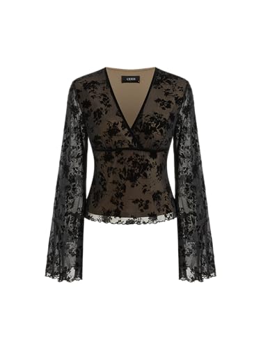 CIDER Women's Floral Mesh Long Sleeve Top V Neck Going Out Date Night Blouse