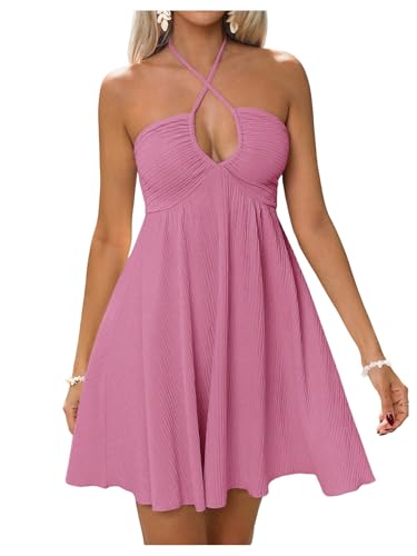 Image of MakeMeChic Women's Summer Halter Dress Cut Out Tie Backless Criss Cross Flowy Short Dresses Sundress