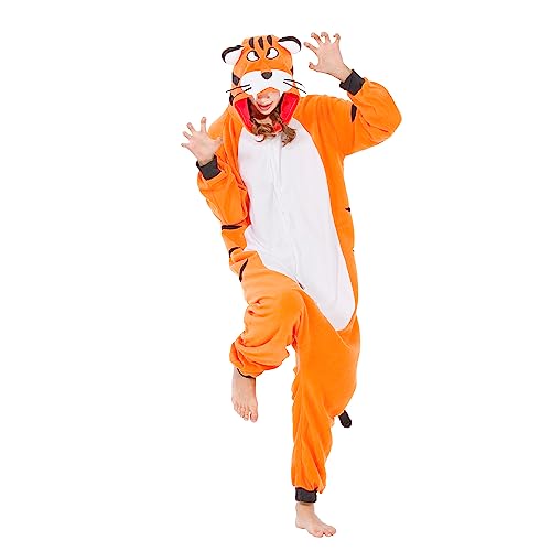 HENGRUI Adulte Unisexe Combinaison Pyjama Kigurumi Onesie Animal Cosplay Halloween Carnaval Costume Sleepwear Jumpsuit, Tigre du Bengale, M(156-167CM)