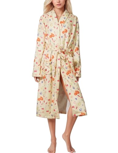 Women Fleece Plush Robes Floral Fruit Print Soft Flannel Bathrobe Christmas Robe Long Bath Robe for Women