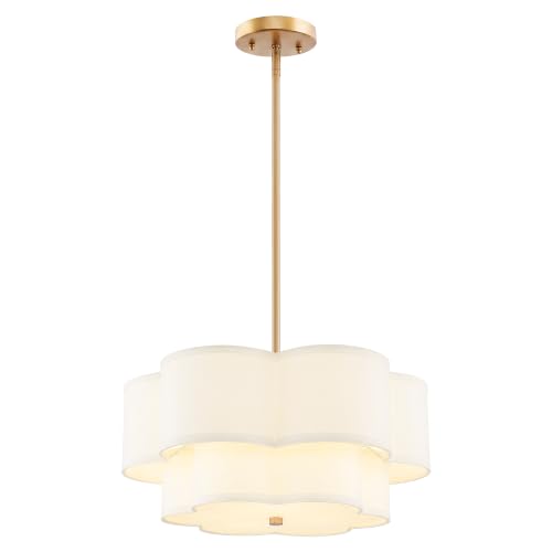Image of 18 inch Gold Fabric Drum Chandelier, 3-Light Dining Room Light Fixture