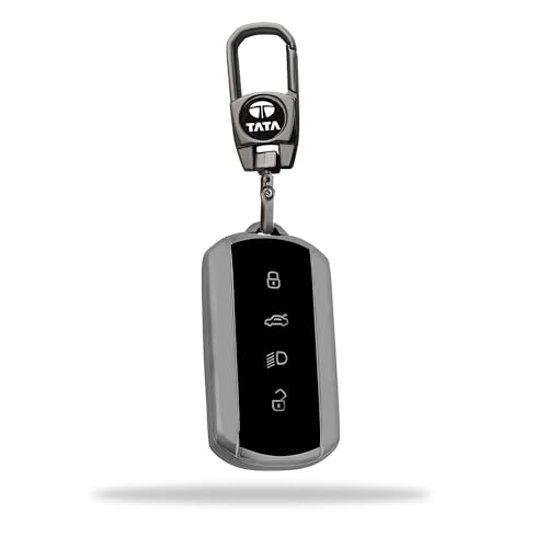 Image of SIAGO Premium TPU Car Key Cover and Metal Keychain Compatible with Tata Curvv | Curvv EV Electric 4 Button Smart Key (Grey)