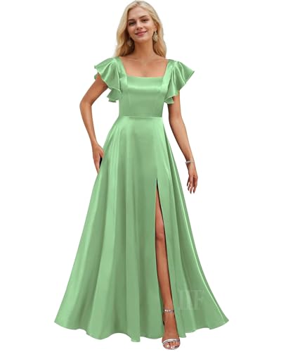 Image of IIF Short Sleeve Bridesmaid Dresses with Pockets Square Neck A-Line Satin Prom Gown Dress for Women with Slit IIF134