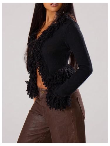 WDIRARA Women's Fuzzy Trim Cardigan Sweater Goth Punk V Neck Long Sleeve Knit Outerwear2