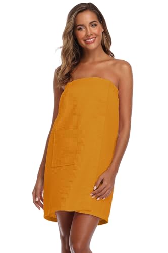 Image of Women's Bath Towel Wrap Waffle Spa Body Wrap with Adjustable Closure Quick Dry Lightweight Towel Robes with Pocket, Orange S /M