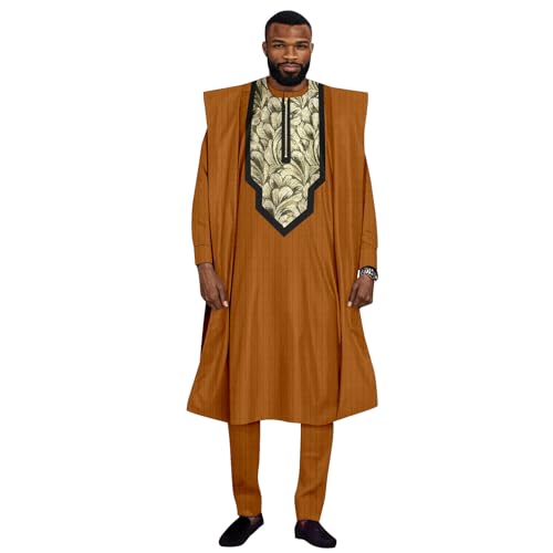African Mens Apparel Agbada Clothing Embroidery Shirts and Pants Outfits 3 Pieces Set Dashiki Kaftan