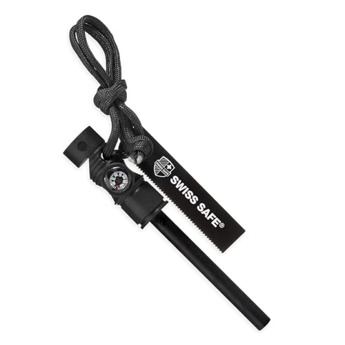 Swiss Safe 5-in-1 Magnesium Ferro Rod Fire Starter Survival Tool – Flint & Steel Striker, Compass, Paracord & Whistle – Emergency Kit for Backpacking, Camping, Hiking – All-Weather