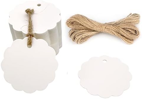 100PCS Craft Scalloped Paper Gift Tags with Natural Jute Twines for Birthday Party, Wedding Decoration Gifts, Arts & Crafts (Pure White)