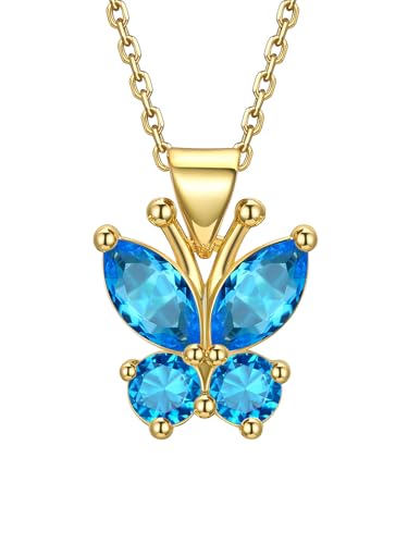 Bestyle Gold Butterfly Necklaces for Women Blue Topaz December Birthstone Necklace Funny Cute Cubic Zirconia Necklace Jewelry Mom Wife Grandma Birthday Gifts