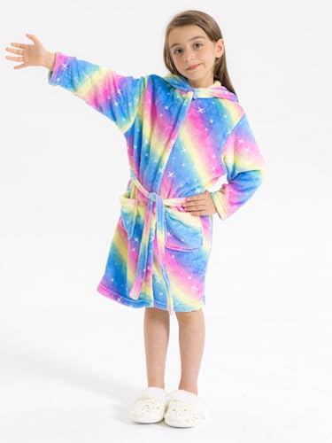 ACTLATI Girls Fleece Hooded Robe, Plush Rainbow Star Unicorn Leopard Bathrobe With Pockets for Age 3-12 Kids Christmas Gifts4