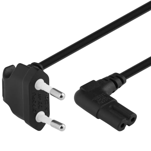 PremiumCord Cable de Alimentación de 230V 1m, para PC/Monitor/TV/UPS, Cable de Alimentación con Enchufe Europeo a Toma Doble Europea C7 de 2 Pines, IEC 320, Angular, Negro