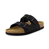 CUSHIONAIRE Lane Cork Footbed Sandals for Women – Comfortable Double Buckle Slip-On with Genuine Suede Footbed & Arch Support Slides for Women Footwear, BLACK 8