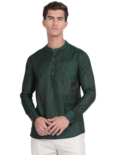 Image of KRYPTIC Men's Full Sleeve Regular Fit Short Kurta in Premium Pure Cotton with Patch Pocket and Mandarin Collar - Perfect Blend of Style and Comfort