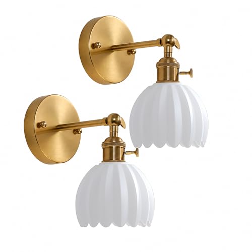 Image of 1-Light Gold Brass Bathroom Light Fixture,Wall Sconces set of 2,Brushed Gold Vanlity Light Over Mirror,Bathroom Vanity Light with White Tulip Glass Flower Shade,E26 Socket(Bulbs Not Included)