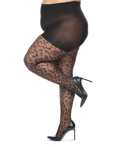 MeMoi Women's Leopard Sheer 20 Denier Control Top Tights, 3X-4X, Black
