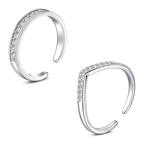 WillTen 2Pcs Silver Toe Ring Stainless Steel Adjustable Bend Open Toe Ring Flower Arrow Leaf CZ Toe Finger Tail Ring Summer Beach Foot Jewelry Set for Women Men