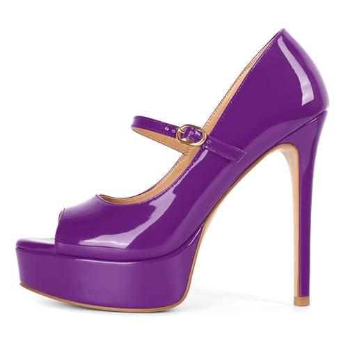 Image of SAMMITOP Women's Peep Toe High Heels Platform Stiletto Pumps Patent Mary Jane Heels 5.5 inch Party Wedding Dress Shoes