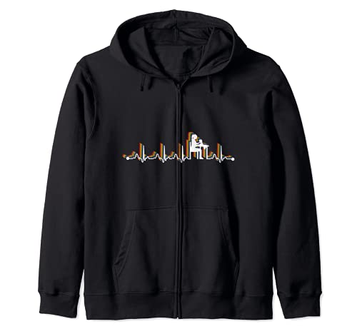 Sewing Retro Heartbeat EKG Vintage 80s Style Zip Hoodie, Black