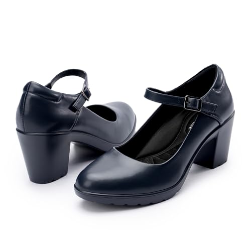 Cusolemore Navy Blue Heels with Arch Support, Mary Jane Shoes, Comfortable Pumps with Chunky Heel...