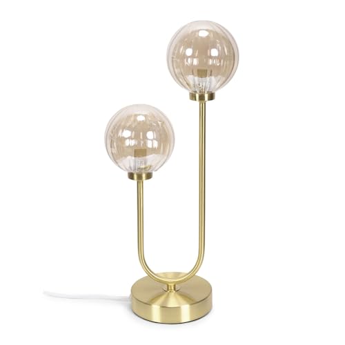 ValueLights | Gold Metal Bar 2 Way Dual Table Lamp with Amber Ribbed Glass Globe Shades | Home Décor, Bedside & Desk Lamp | Includes Bulb