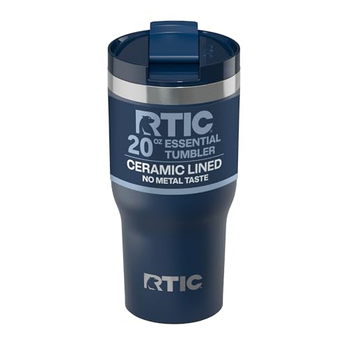 RTIC 20oz Essential Tumbler with Lid, Ceramic Lined, Insulated, Stainless Steel, Metal, Double Wall Vacuum-Insulation, Travel Cup for Iced Coffee, Tea, Hot and Cold Drink, Navy