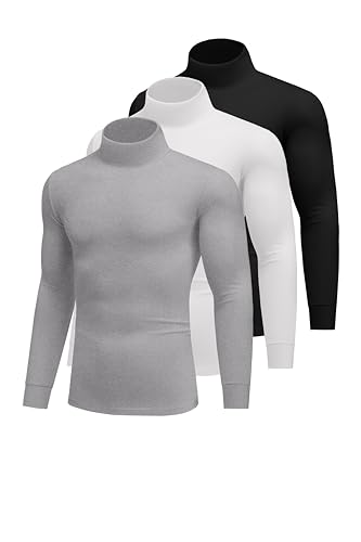 Ekouaer 3pcs Camiseta Interior térmica de Invierno para Hombre Camiseta de Manga Larga con Cuello Alto Negro+Blanco+Gris Claro M