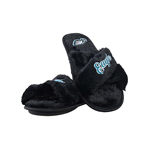 Image of FOCO Womens NFL Team Script Wordmark Fuzzy Cross Slide Slippers