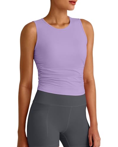 Image of G4Free Skimetic Workout Tank Tops for Women Side Ruched Sleeveless High Neck Crop Top Summer Athletic Gym Shirts