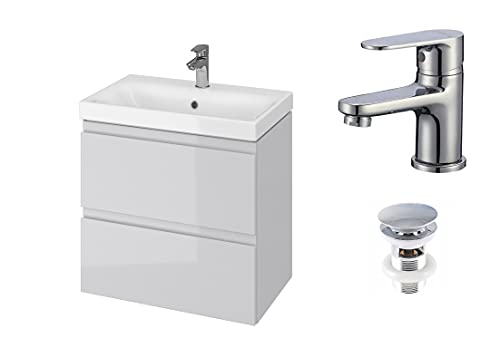 VBChome Badmöbel Slim 60 cm Grau mit Armatur und Pop-up ventil Waschbecken mit Unterschrank Waschtisch 2-Schubladen Moduo Hängeschrank Click-clack
