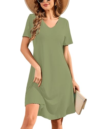 Image of DEARCASE Women's T Shirt Dress V-Neck Short Sleeve Spring Summer Casual Loose Flowy Swing Midi Tunic Dresses