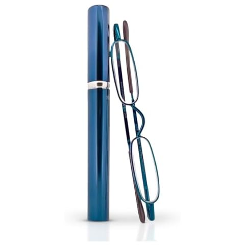 MicroVision Optical Original Mini Reader Reading Glasses With Tube Case, Durable Stainless Steel Frame For Women and Men Lightweight & Pocket-Sized Eyeglasses as Seen on Oprah, Blue, +1.50 Cover