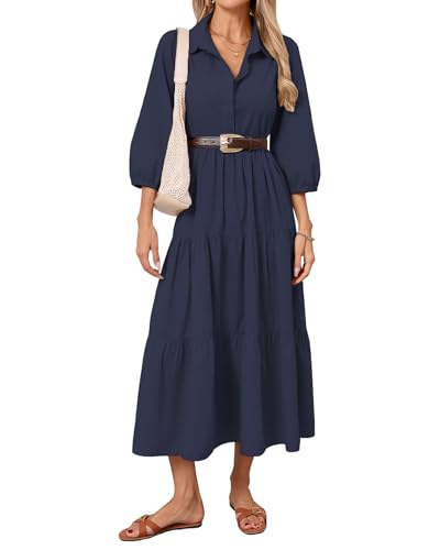 Women Button Down Maxi Shirt Dress Long Sleeve Flowy Tiered Collared Dresses with Pockets