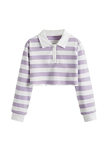 Image of Floerns Girls Striped Print Long Sleeve Half Button Collar Crop Tops