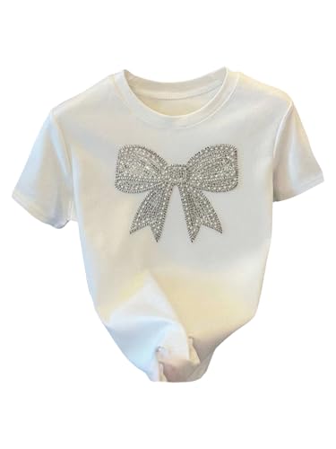 Image of SHENHE Girl's Graphic Bow Tshirt Crew Neck Short Sleeve Camo Print Loose Fit Tee Top