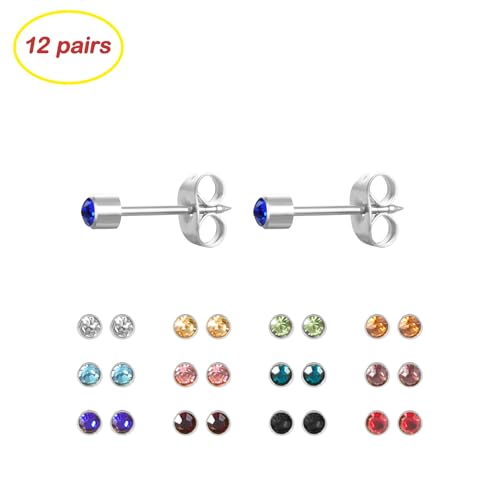 12 Pairs Ear Piercing Stud Earrings for Ear Piercing Guns, Surgical Stainless Steel Multicolor Round Heart Star Cubic Zirconia Birthstone Stud Earrings Set2