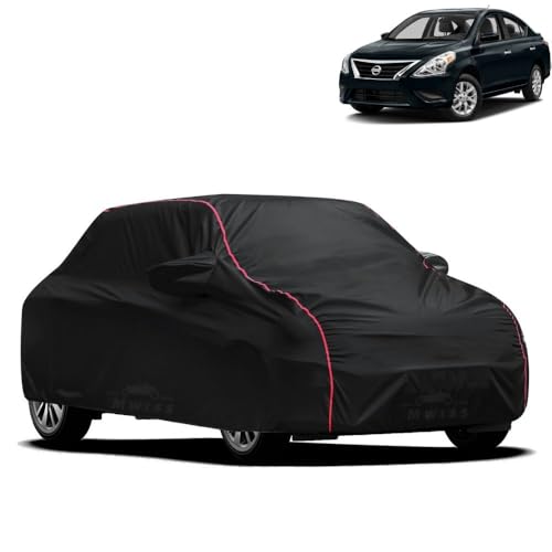 Image of Waterproof Car Cover for Nissan Pulsar | All-Weather Protection, Dustproof & UV Resistant | Triple Stitched Mirror Pockets, Windproof Buckle Strap with Elastic Hem, Black-Red Piping