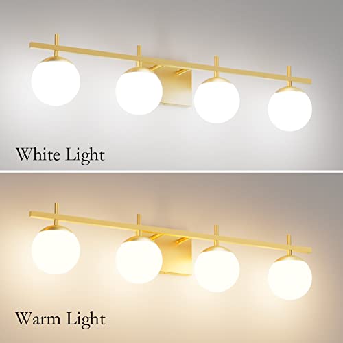 Image of Ralbay Mid Century Gold Bathroom Vanity Lights 4-Light Gold Milky Glass Modern Bathroom Lighting Fixtures Over Mirror, Gold 4-Light (Exclude Bulb)