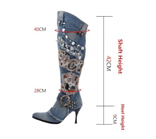 Lorie & Knight Women's Blue/Grey Jeans Knee High Boots Rivet Punk Stiletto Heel Pointed Toe Boots4