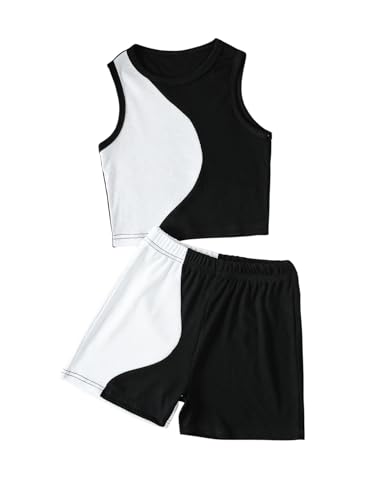 Verdusa Girl's 2 Piece Workout Outfit Colorblock Crop Tank Top and Short Sets