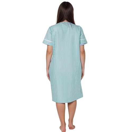 Image of Women's Short Sleeve Woven Snap-Front Closure Striped Embroidery Housecoat Duster Nightgown with Front Pockets