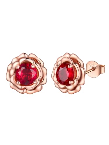 FOCALOOK - Pendientes para mujer, diseño de flor rosa de Vermeil, adornados con granate en circonita cúbica, pendientes de piedra de nacimiento enero, Plata de ley Oro rosa