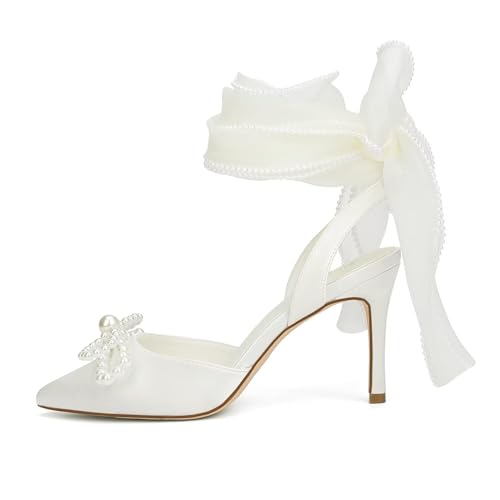 Pearl Heels Wedding Shoes for Bride Closed Toe Bridal Shoes Wedding Heels with Bow3