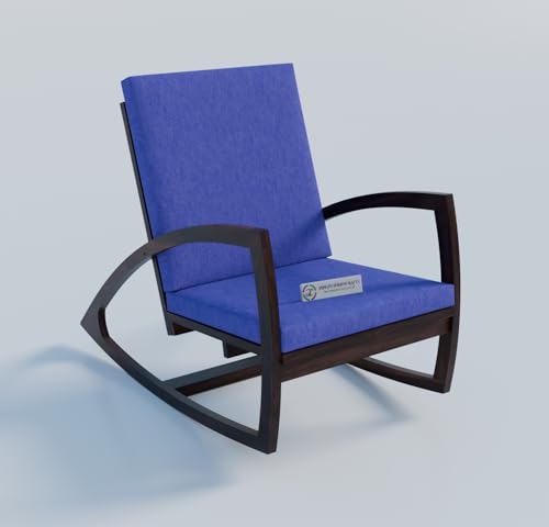 Image of Jangid Handicraft Solid Sheesham Wooden Rocking Chair for Living Room | Lounge Chair for Bedroom | Contemporary Swing Arm Chair for Balcony | Modern Arm /Sofa Chair | Navy Blue Cushion & Walnut Finish
