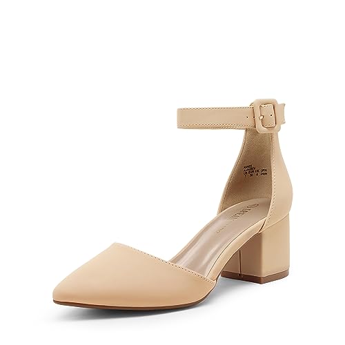 DREAM PAIRS ANNEE Pointed Toe Low Chunky Heels Pump Shoes 5 Nude/Nubuck