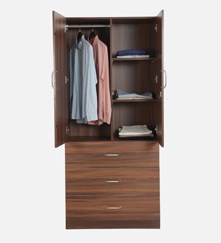 Image of Mintwud Pepperfry Engineered Wood Wardrobe with 2 Doors, 3 Drawers Storage and 1 Hanging Rod | Wooden Almirah Cupboard for Clothes Storage Organizer for Living Room Home Furniture (Brown Finish)